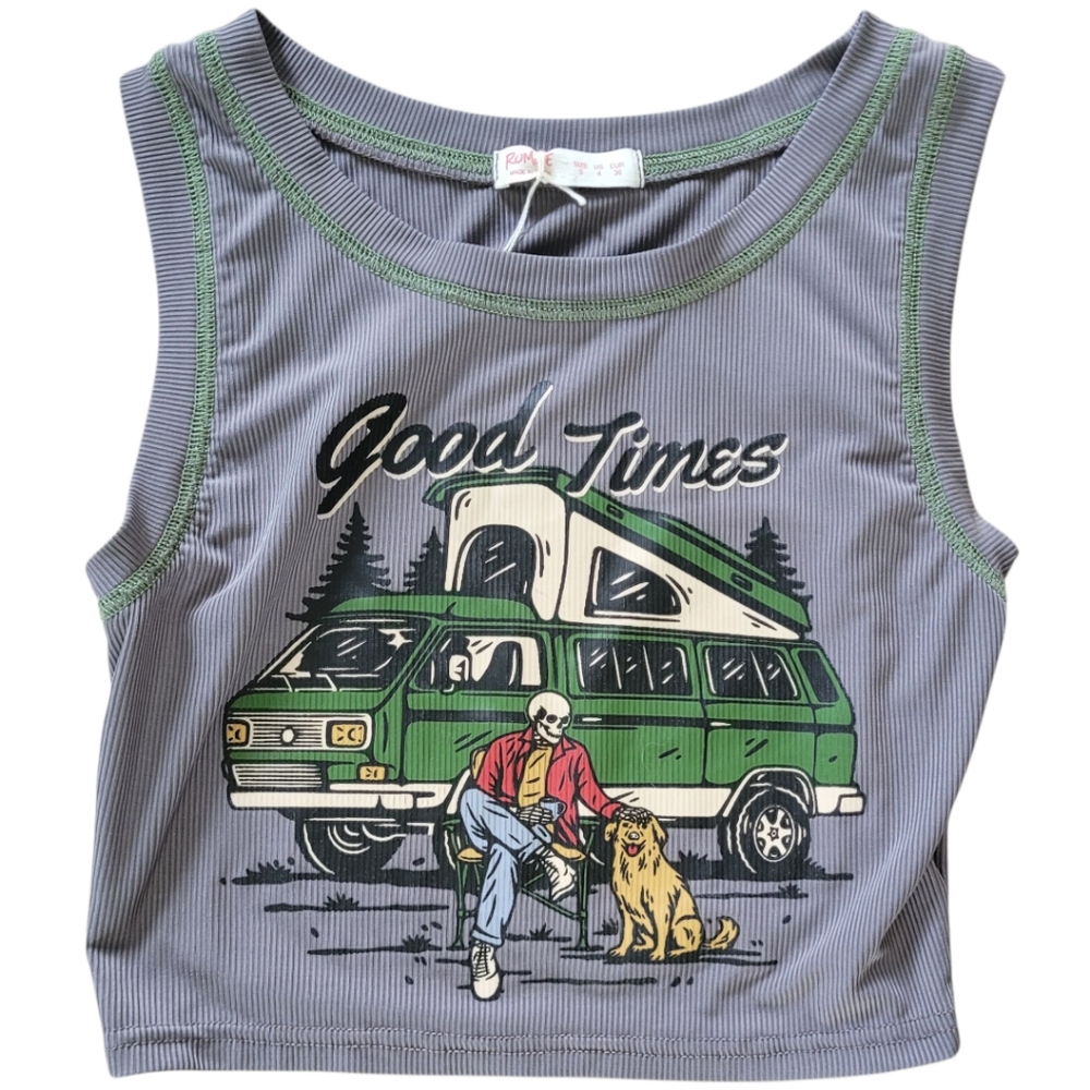 ROMWE Cropped Tank Top Gray with Green Skeleton Dog Camper Ribbed Women's Small